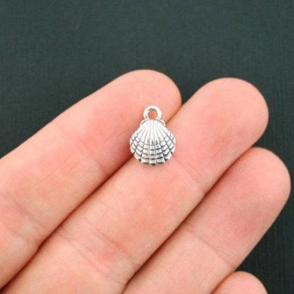 12 Seashell Antique Silver Tone Charms 2 Sided - SC1143
