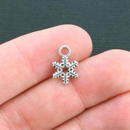 12 Snowflake Antique Silver Tone Charms 2 Sided - SC4183