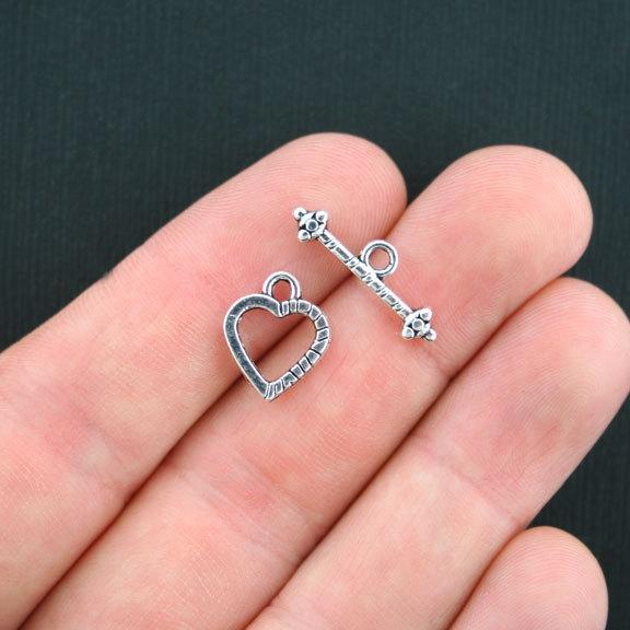 Heart Silver Tone Toggle Clasps 14mm x 11mm - 12 Sets 24 Pieces - SC2249