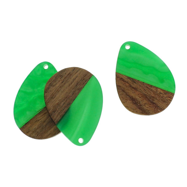 Teardrop Natural Wood and Green Resin Charm 35mm - WP294