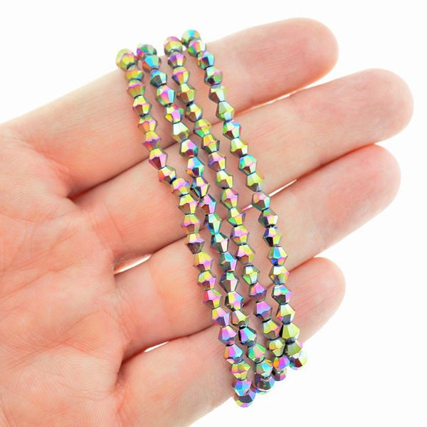 Faceted Bicone Glass Beads 4mm x 4mm - Electroplated Rainbow - 1 Strand 104 Beads - BD2599