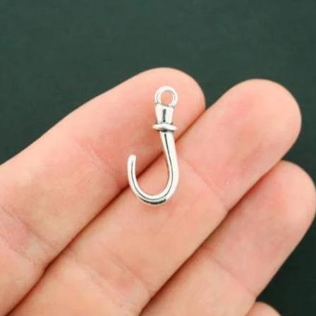 4 Fish Hook Antique Silver Tone Charms 2 Sided - SC7195