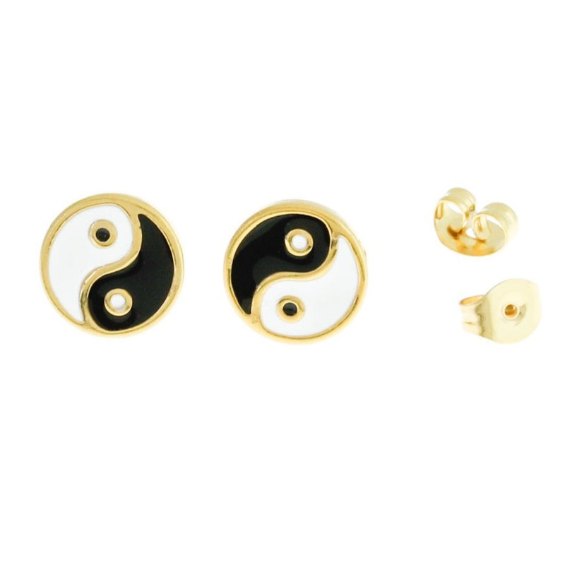Gold Stainless Steel Earrings - Resin Yin Yang Studs - 10mm - 2 Pieces 1 Pair - ER201