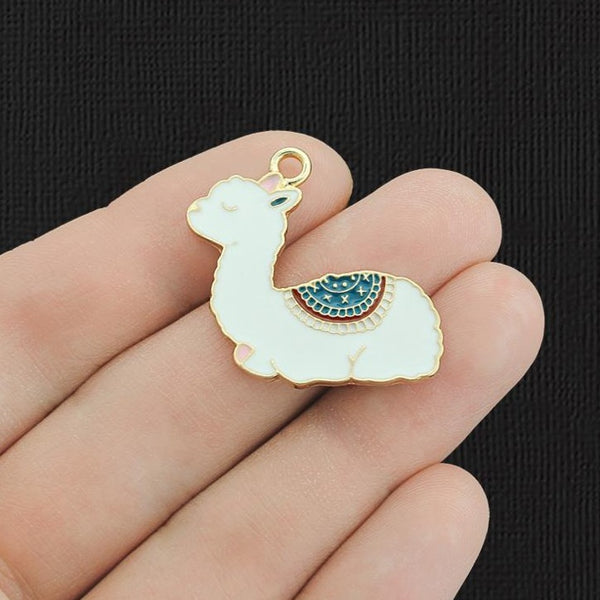 2 Alpaca with Blue Saddle Gold Tone Enamel Charms - E1084