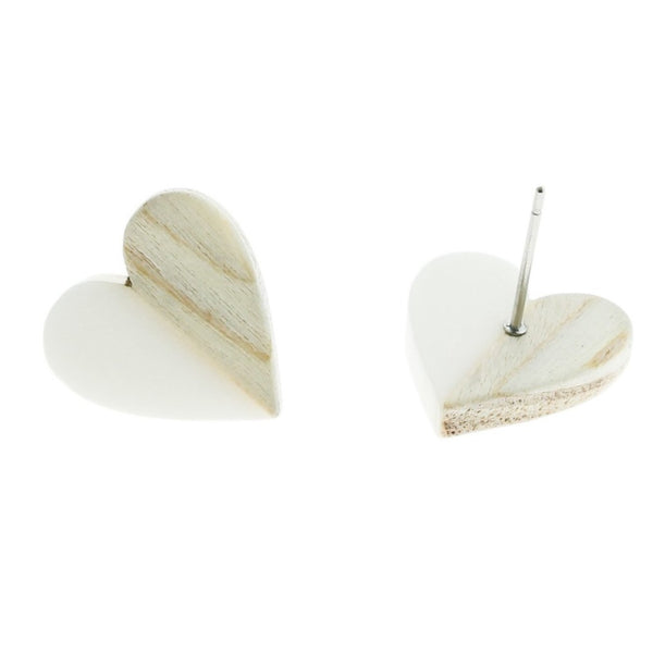 Wood Stainless Steel Earrings - White Resin Heart Studs - 15mm x 14mm - 2 Pieces 1 Pair - ER127