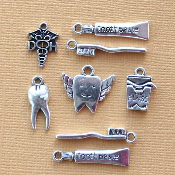 Dental Charm Collection Antique Silver Tone 8 Charms - COL242
