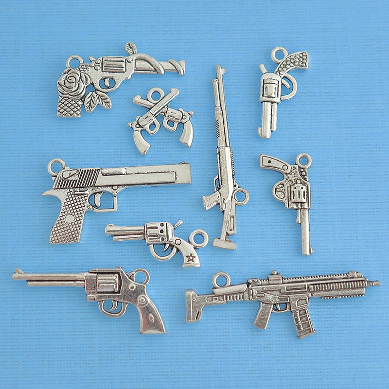 Gun Charm Collection Antique Silver Tone 9 Different Charms - COL133