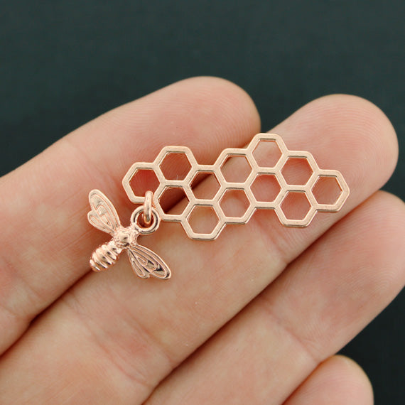 4 breloques en nid d'abeille connecteur ton or rose - GC1308