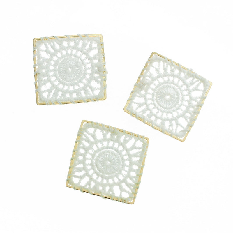 4 White Woven Lace Square Gold Tone Pendants - TSP217-L