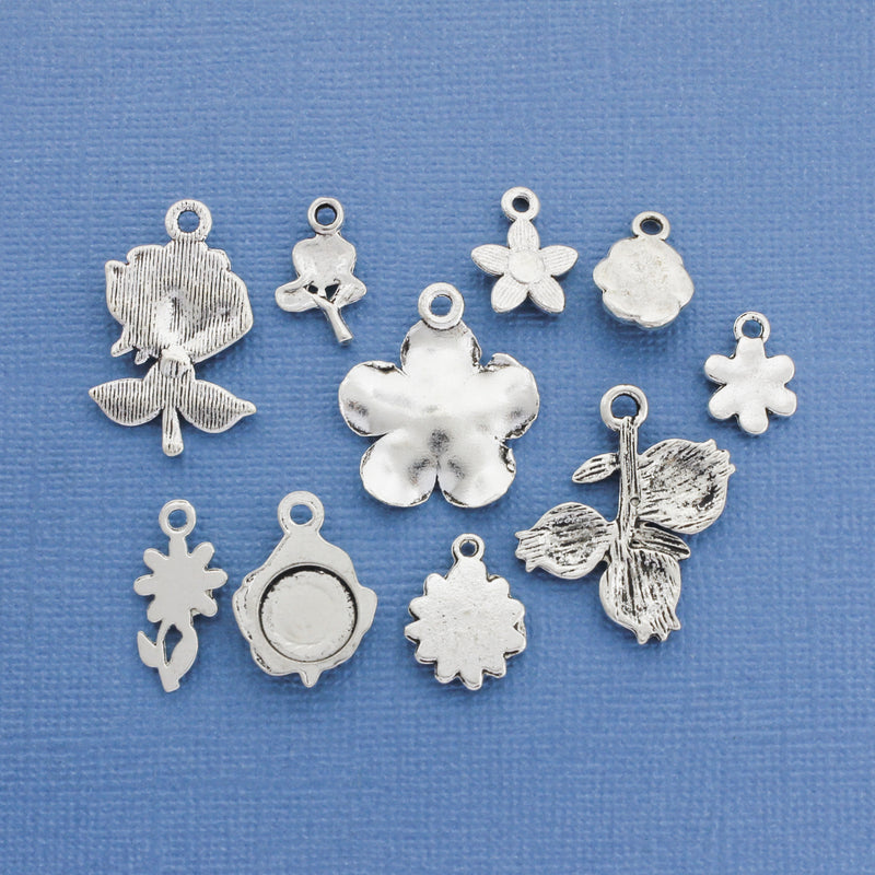 Flower Charm Collection Antique Silver Tone 10 Different Charms - COL083