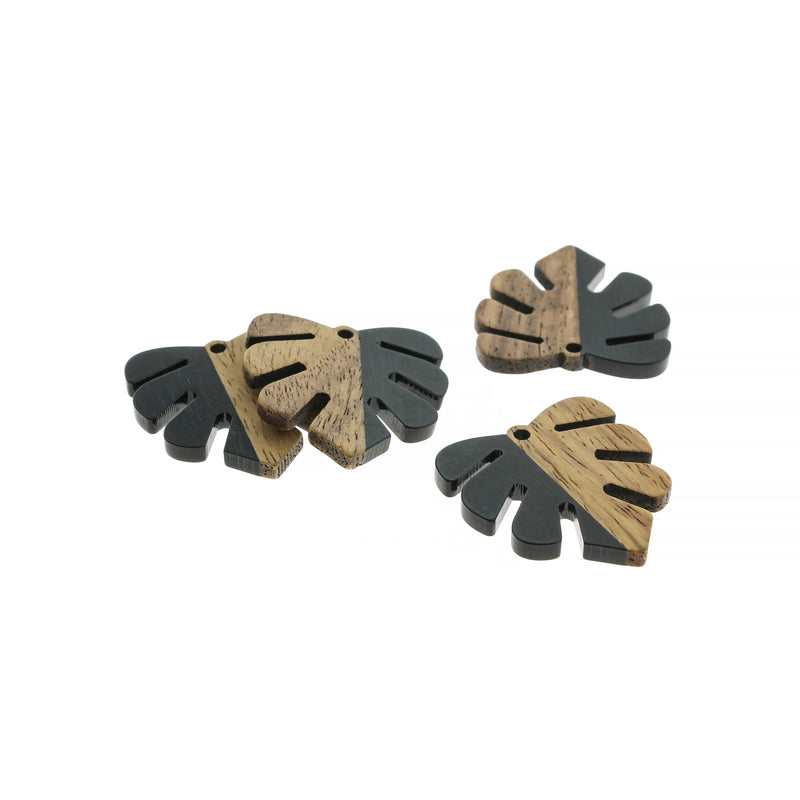 Tropical Leaf Natural Wood and Black Resin Charm 30mm - WP201