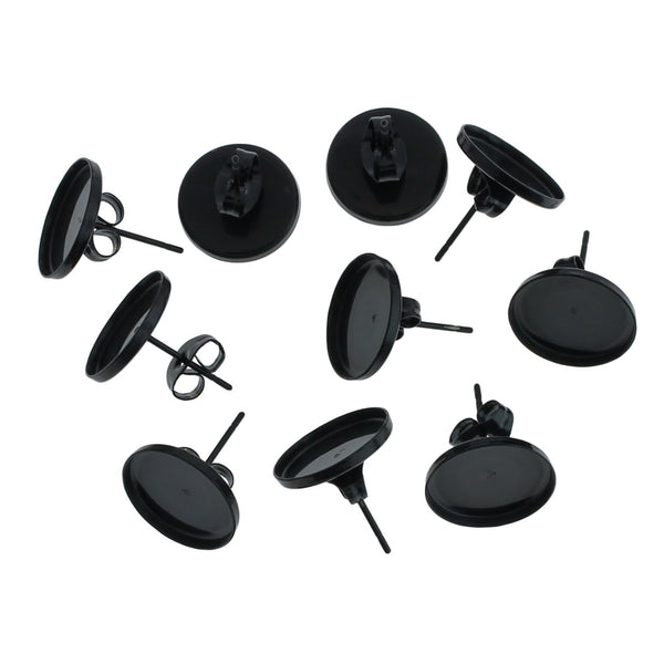 Gunmetal Black Stainless Steel Earrings - Stud Cabochon - 14mm - 2 Pieces 1 Pair - ER245