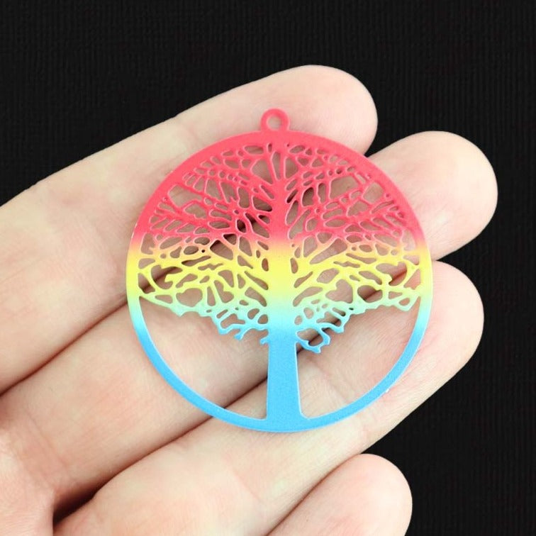 2 Tree of Life Rainbow Enamel Stainless Steel Charms 2 Sided - SSP539
