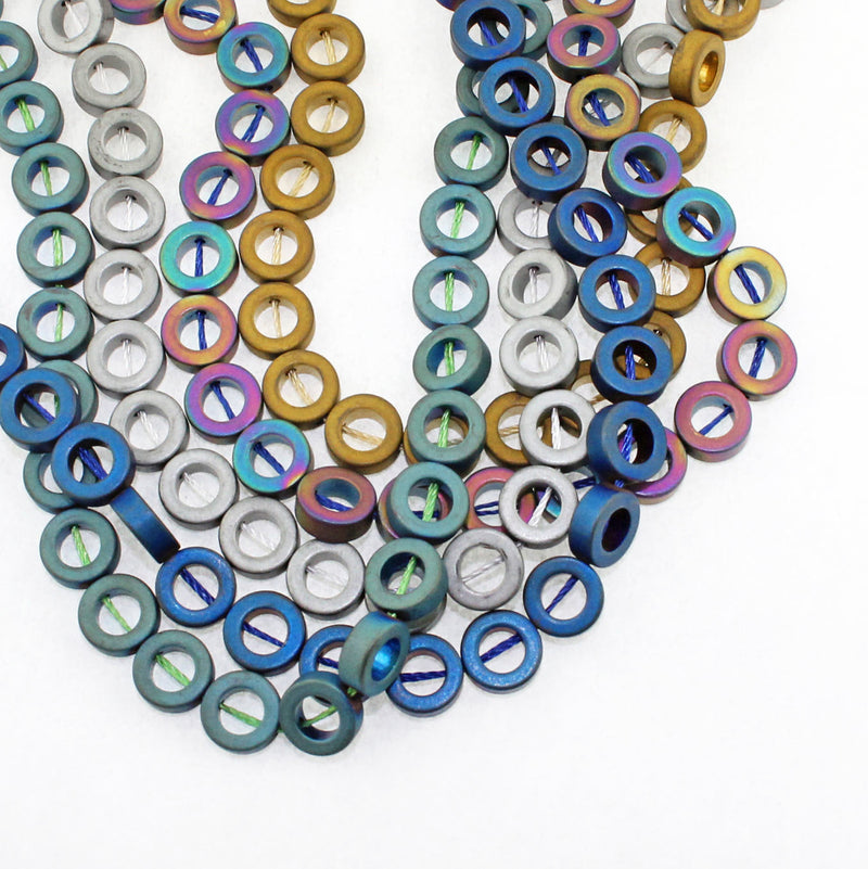 Open Circle Hematite Beads 8mm x 3mm - Assorted Frosted Colors - 25 Beads - BD1377