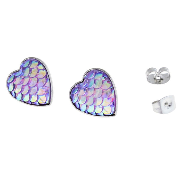 Stainless Steel Earrings - Purple Heart Mermaid Scale Studs - 13mm - 2 Pieces 1 Pair - ER225
