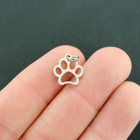 Paw Print Silver Tone Stainless Steel Charm 2 Sided with Attached Jump Ring -  FD676