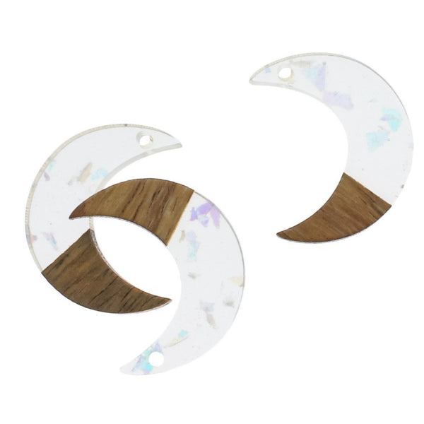 2 Crescent Moon Natural Wood and Clear with Rainbow Glitter Resin Charms 28mm - WP291
