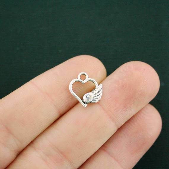 15 Angel Wing Heart Antique Silver Tone Charms 2 Sided - SC7428