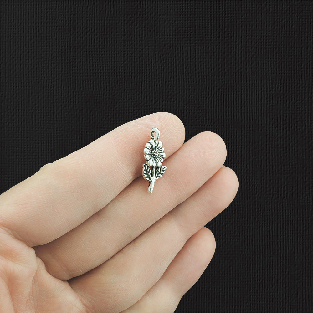 15 Flower Antique Silver Tone Charms - SC1742