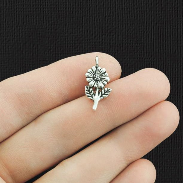 15 Flower Antique Silver Tone Charms - SC1742
