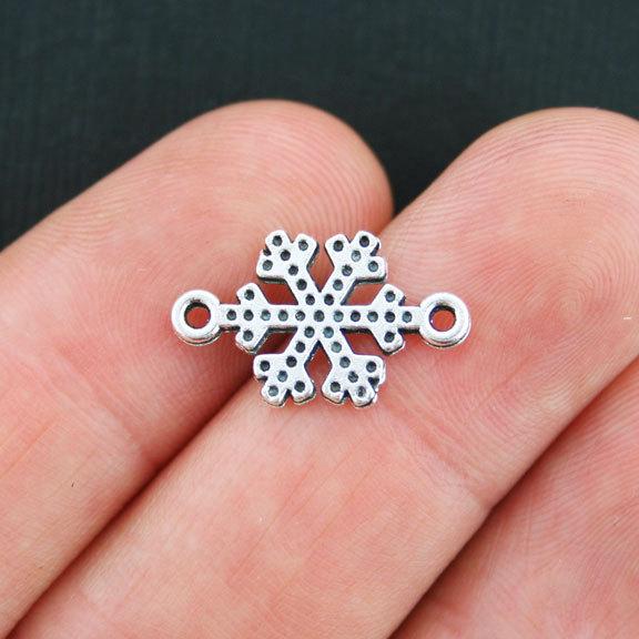 15 Snowflake Connector Antique Silver Tone Charms 2 Sided - SC3769