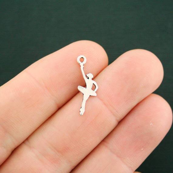 15 Ballerina Dancer Antique Silver Tone Charms 2 Sided - SC7460