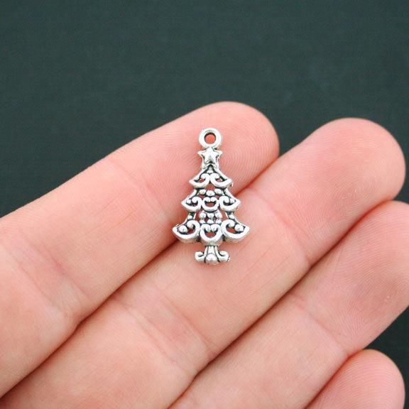 15 Christmas Tree Antique Silver Tone Charms - XC049
