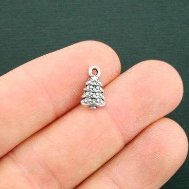 15 Christmas Tree Antique Silver Tone Charms - XC093