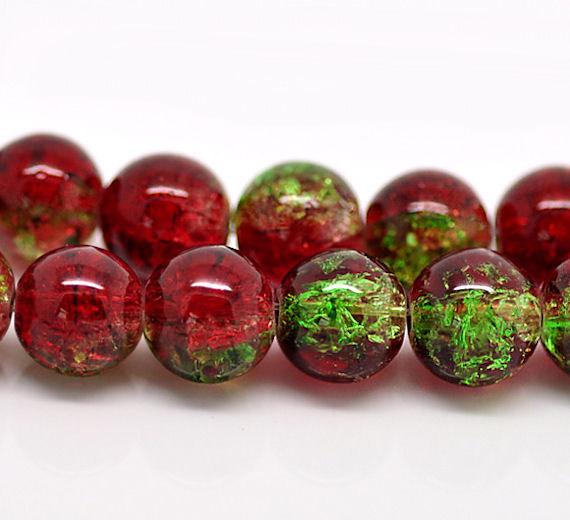 Round Glass 10mm Beads - Crackle Ruby Red and Evergreen - 15 Beads - BD006