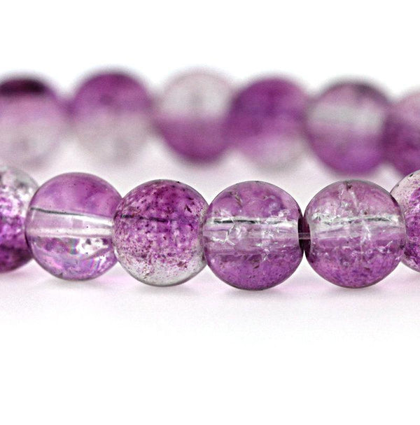 Round Glass Beads 10mm - Purple and Clear Crackle - 15 Beads - BD545