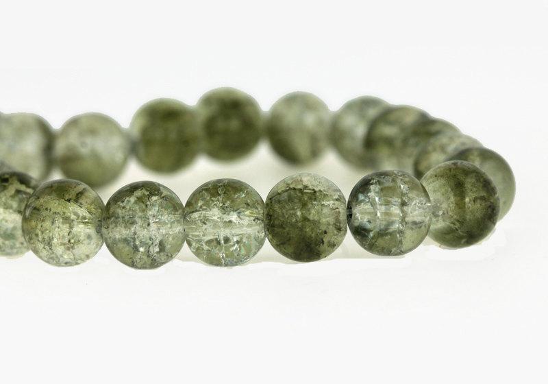 Round Glass Beads 10mm - Olive Green and Clear Crackle - 15 Beads - BD542