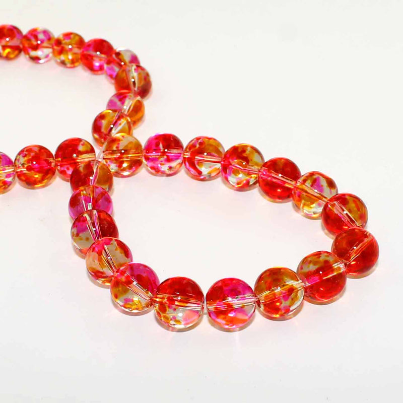 Round Glass Beads 10mm - Mottled Pink, Orange and Clear - 15 Beads - BD807