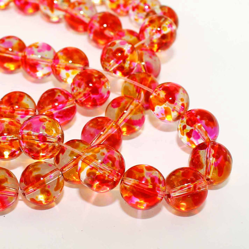 Round Glass Beads 10mm - Mottled Pink, Orange and Clear - 15 Beads - BD807