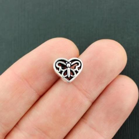 Butterfly Heart Spacer Beads 10mm x 12mm - Silver Tone - 15 Beads - SC7988