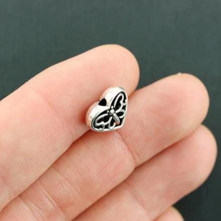 Butterfly Heart Spacer Beads 10mm x 12mm - Silver Tone - 15 Beads - SC7988