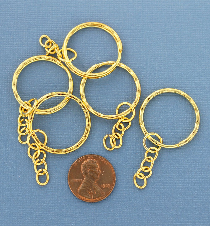 Gold Tone Key Rings with Attached Chain - 25mm - 15 Pieces - Z686