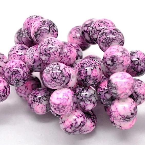 Round Glass Beads 10mm - Mottled Pink and Black - 15 Beads - BD124
