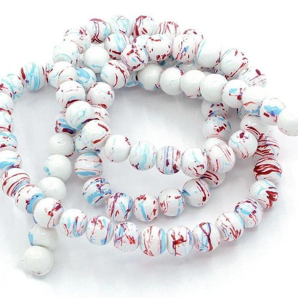 Perles de Verre Rondes 10mm - Bleu Chiné, Blanc et Rouge - 15 Perles - BD263