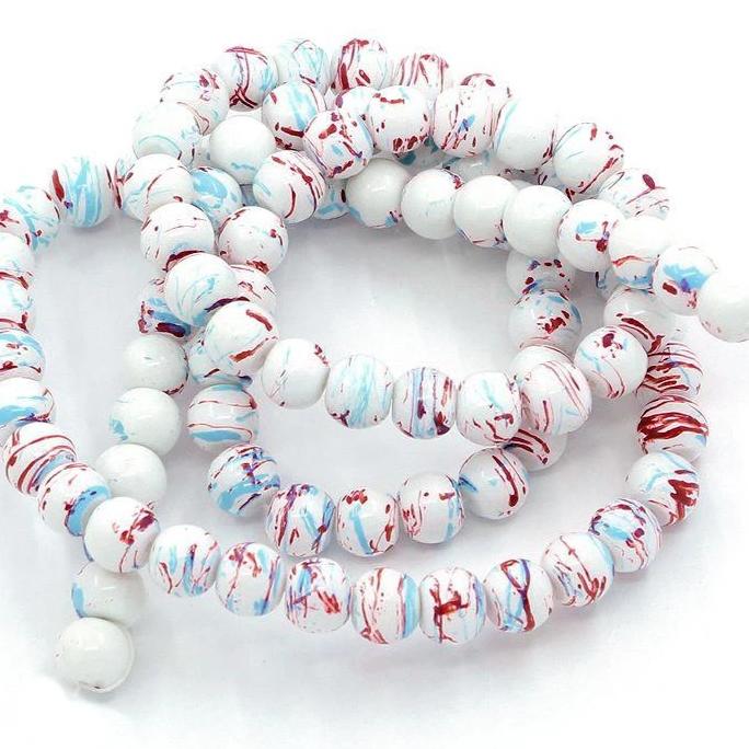 Round Glass Beads 10mm- Mottled Blue, White and Red - 15 Beads - BD263