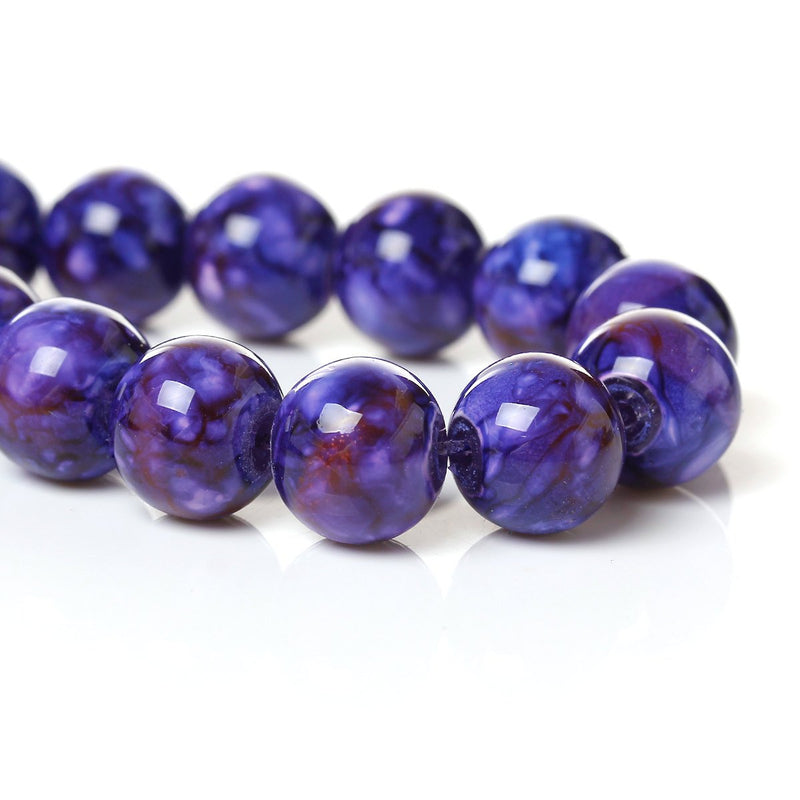 Round Glass Beads 10mm - Mottled Purple - 15 Beads - BD832