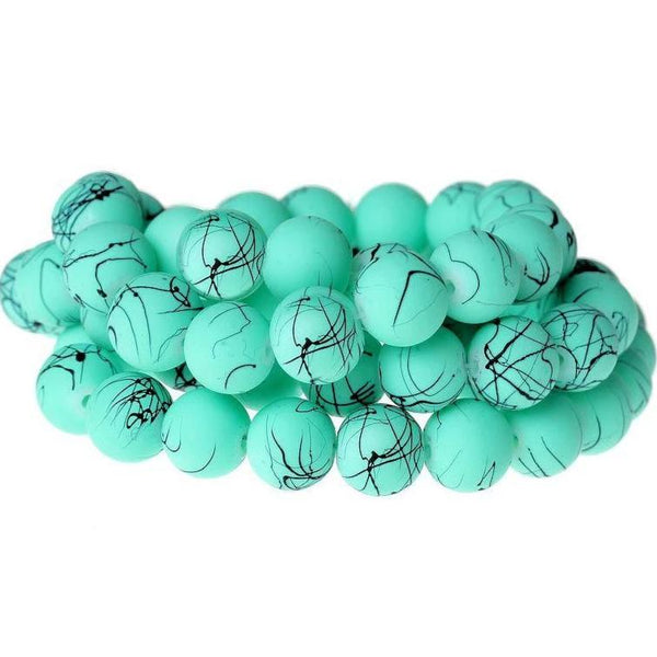 Round Glass Beads 12mm - Turquoise with Black Veins - 15 Beads - BD494