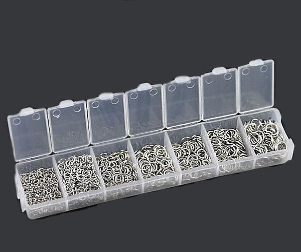 1500 Jump Rings Silver Tone Assorted Sizes in Handy Storage Box - JBOX3
