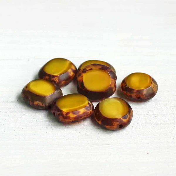 Oval Czech Pressed Glass Beads 10mm x 9mm - Picasso Golden - 5 Beads - CB090