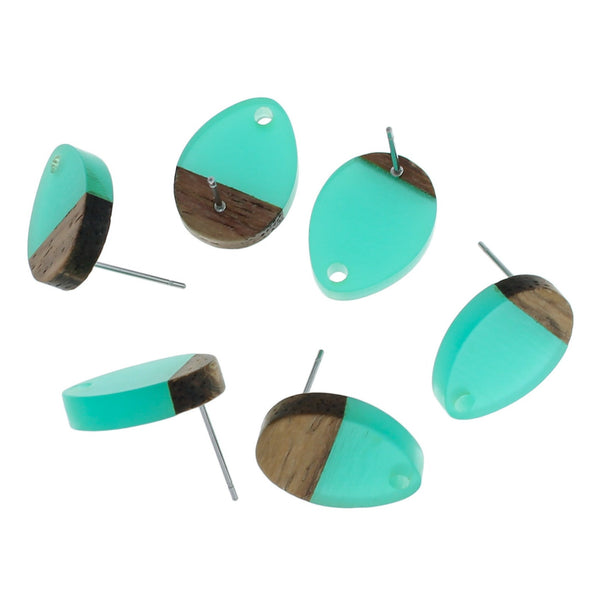 Wood Stainless Steel Earrings - Turquoise Resin Teardrop Studs - 17mm x 13mm - 2 Pieces 1 Pair - ER298