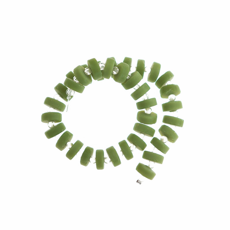 Heishi Cultured Sea Glass Beads 9mm x 6mm - Olive Green - 1 Strand 36 Beads - U164