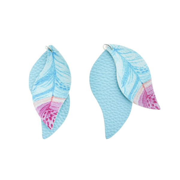 Pendentifs Plumes Simili Cuir - Bleu Pastel Et Rose - 1 Paire 2 Pièces - LP138