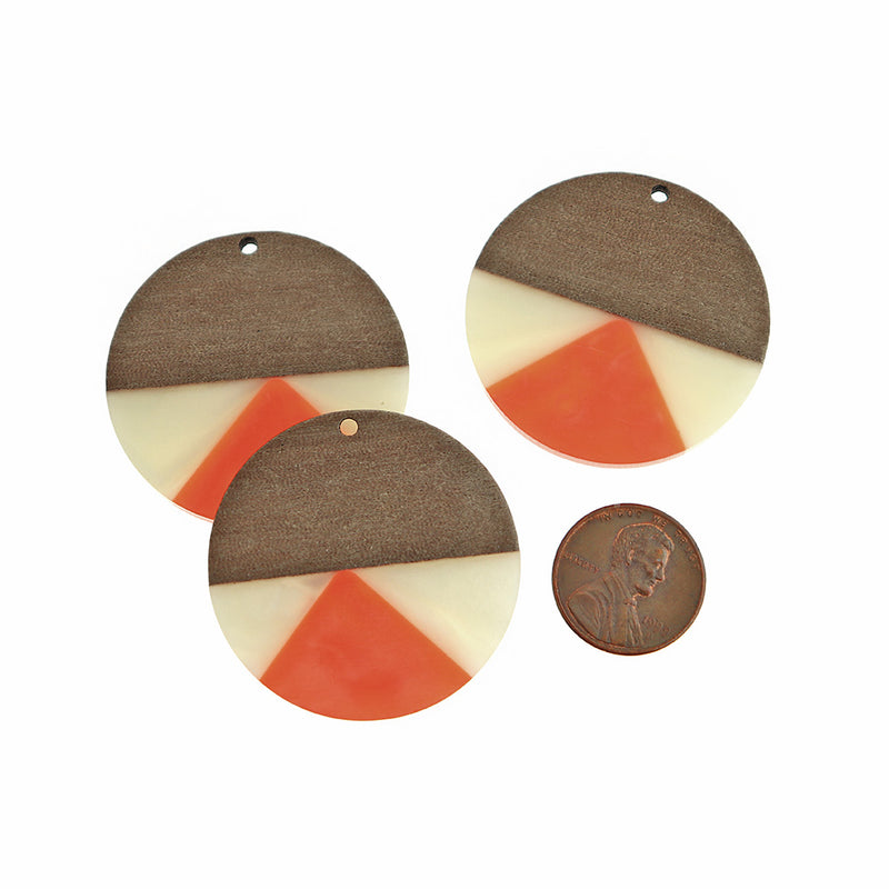Round Natural Wood and Resin Charm 38mm - Orange and White - WP527