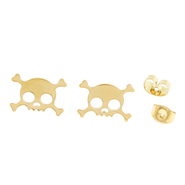 Gold Stainless Steel Earrings - Skull Studs - 14mm x 10mm - 2 Pieces 1 Pair - ER363