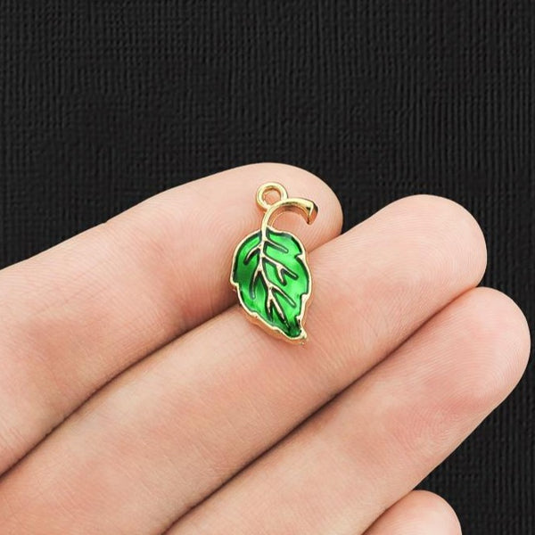 10 Green Leaf Gold Tone Enamel Charms - E1155