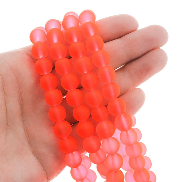Round Glass Beads 10mm - Frosted Bright Orange - 1 Strand 88 Beads - BD2576